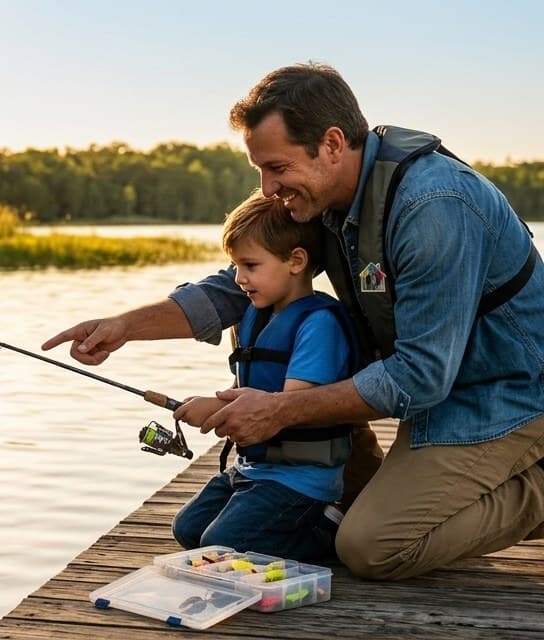 A stad and his son fishing on a dock at golden hour